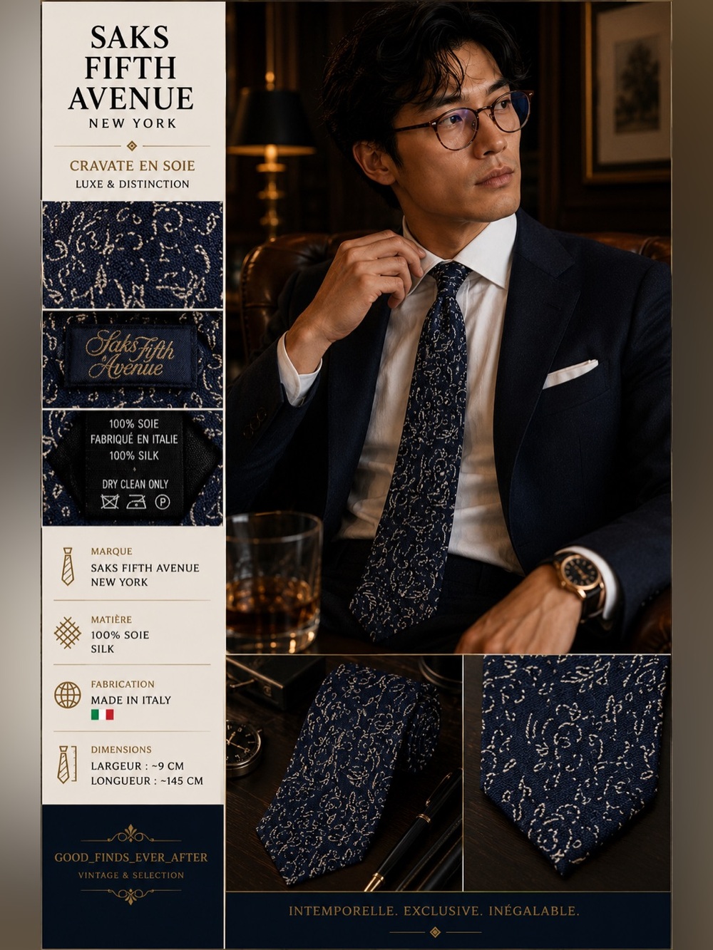 Saks Fifth Avenue Navy and White Paisley Silk Tie